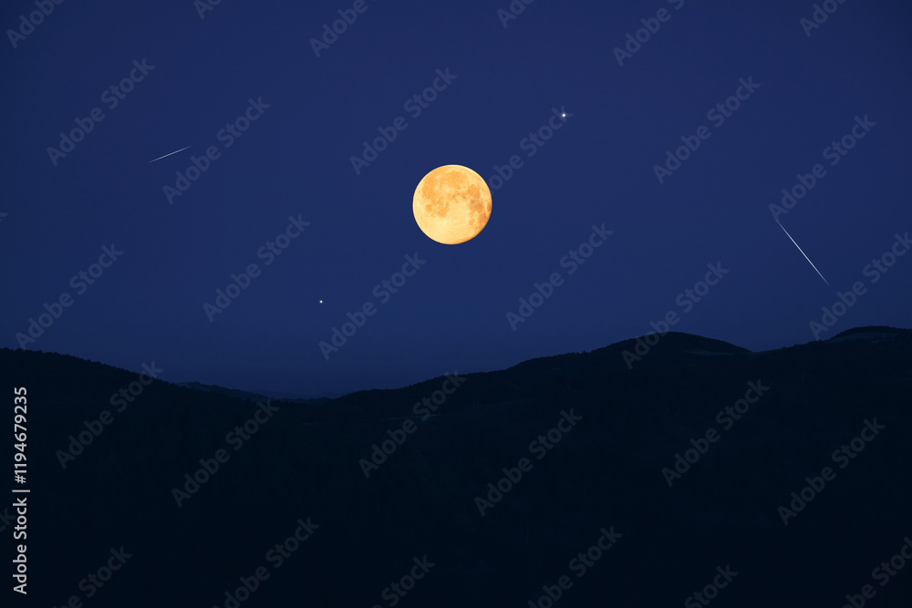 Full Moon, stars, planets, meteor trail and landscape scenery silhouettes. Full Moon, stars, planets, meteor trail and landscape scenery silhouettes.