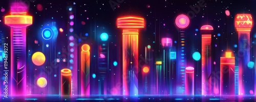 Neon Light Columns: Colorful neon light columns, vibrant glowing gradient, futuristic sci-fi theme, abstract shapes, cyberpunk aesthetic photo