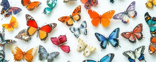 Vibrant collection of colorful butterflies on a white background, nature-inspired aesthetic, detailed illustrations. photo