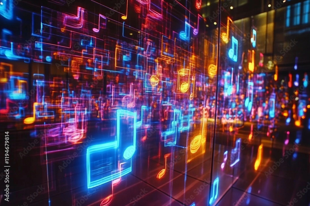 Obraz premium This image features colorful, glowing digital music notes set against a reflective, glass-like surface, creating an energetic and dynamic visual display.