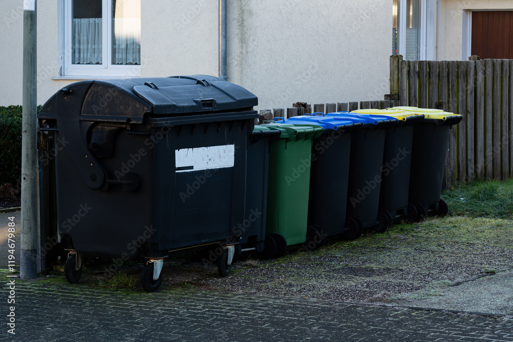 Different colored waste bins are neatly arranged along the side of a residential street. These containers include black, green, blue, and yellow bins for recycling and waste disposal. Different colored waste bins are neatly arranged along the side of a residential street. These containers include black, green, blue, and yellow bins for recycling and waste disposal.