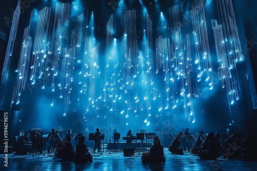 A grand orchestral concert is illuminated by cascading light notes, blending music with visual elegance to create a captivating and immersive experience on stage.