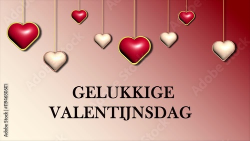 'Happy  Valentine's Day'  in dutch language ' GELUKKIGEVALENTIJNSDAG '.The design showcases hanging red and silver hearts with a creamy and deep red grainy background.