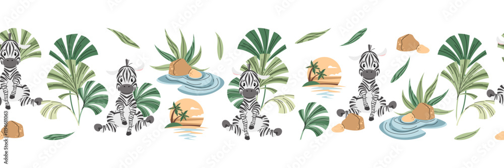 Horizontal seamless border with Cute zebra with palm leaves. Vector repeating illustration of African animal for kids wallpaper, tape, fabric etc. Horizontal seamless border with Cute zebra with palm leaves. Vector repeating illustration of African animal for kids wallpaper, tape, fabric etc.