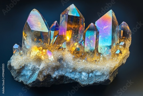 A stunning collection of colorful quartz crystals emits a vibrant, ethereal glow, capturing and reflecting light beautifully like a prism in the dark night. photo