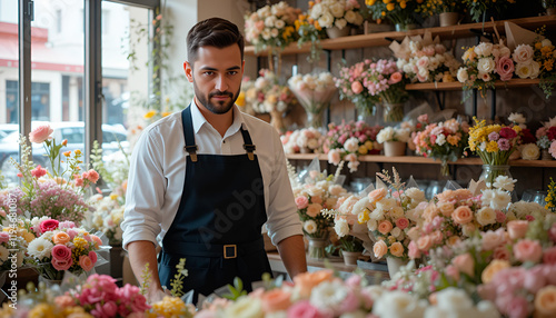 The clerk is a man wearing an apron and working in a flower shop. photo