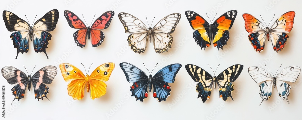 Fototapeta premium Vibrant collection of colorful butterflies on a white background, nature-inspired aesthetic, detailed illustrations.