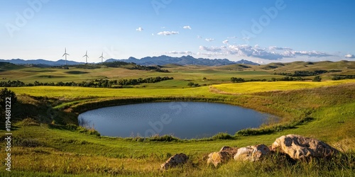 Scenic Landscape with Pond and Wind Turbines
