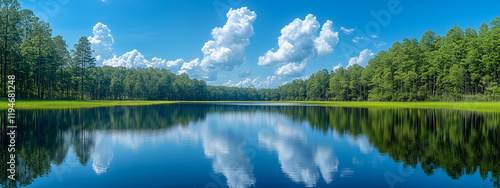 Serene Lakeside Reflection: A picturesque lake mirrors the lush greenery and fluffy white clouds under a vibrant blue sky, creating a breathtakingly tranquil scene. photo