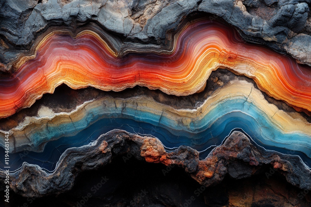 Dynamic rock layers featuring fiery red and serene blue hues ripple across the surface, vividly illustrating the powerful forces of nature and transformation. Dynamic rock layers featuring fiery red and serene blue hues ripple across the surface, vividly illustrating the powerful forces of nature and transformation.