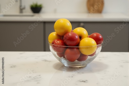 A clear glass bowl with fresh fruits on a marble countertop photo