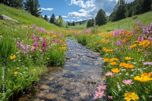 This picturesque scene features a colorful mountain meadow stream flanked by blooming wildflowers, framed beneath a bright blue sky and distant mountains. photo