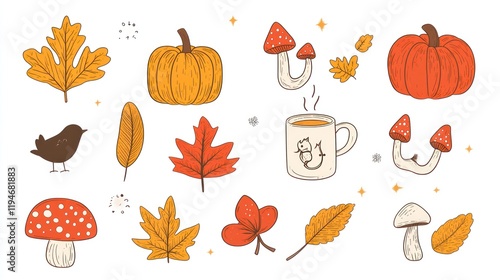 Autumnal illustration set with pumpkins, leaves, mushrooms, and a cup of tea; whimsical fall design photo