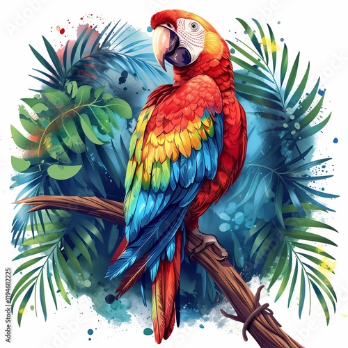 A vibrant and colorful parrot perched on a branch surrounded by lush tropical foliage. photo