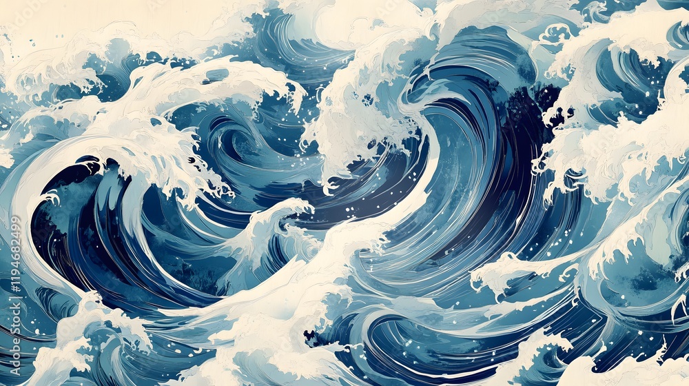 91. A Japanese-inspired wave pattern with blue and white swirls, reminiscent of traditional woodblock prints 91. A Japanese-inspired wave pattern with blue and white swirls, reminiscent of traditional woodblock prints