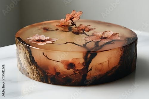 A striking resin sculpture featuring embedded cherry blossoms, capturing the delicate beauty and transient nature of blossoms in an elegant and modern form. photo