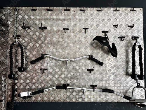 Gym equipment neatly organized on a metallic wall, featuring a variety of weights, dumbbells, resistance tools, and fitness accessories, designed for strength training and promoting physical wellness photo