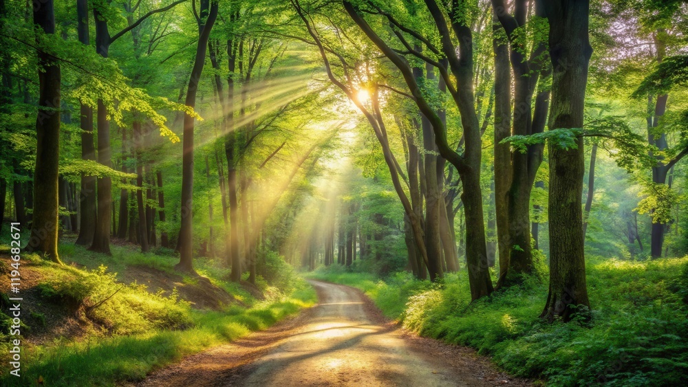 Obraz premium Sunlit Path Through a Lush Green Forest with Rays of Light