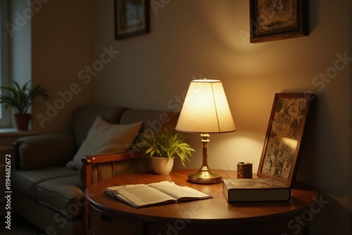 A modern table lamp in a cozy reading corner photo