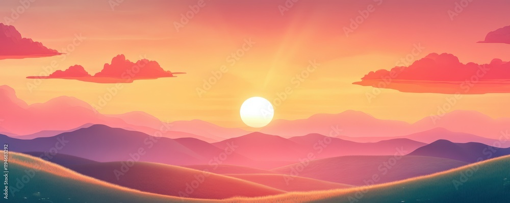 Fototapeta premium Scenic sunset landscape with clouds and grassy hills in the countryside for travel and nature concepts