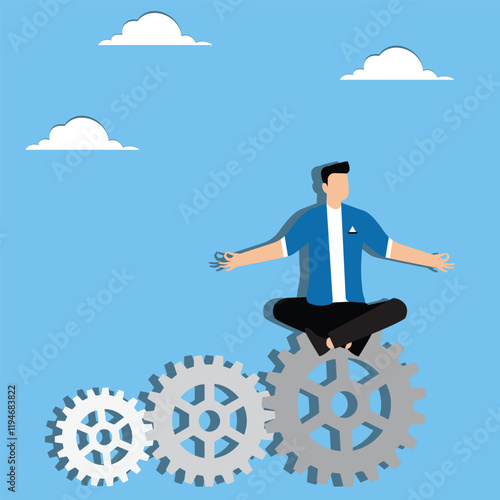 Business management or career management, management profession, thinking about effective solutions, work efficiency and workflow optimization, businessman sitting cross-legged in the gears of a runni photo