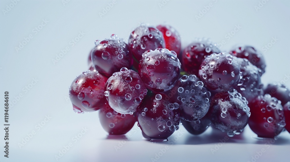 A cluster of deep red grapes isolated on a white background, each grape gleaming under soft natural light. A cluster of deep red grapes isolated on a white background, each grape gleaming under soft natural light.