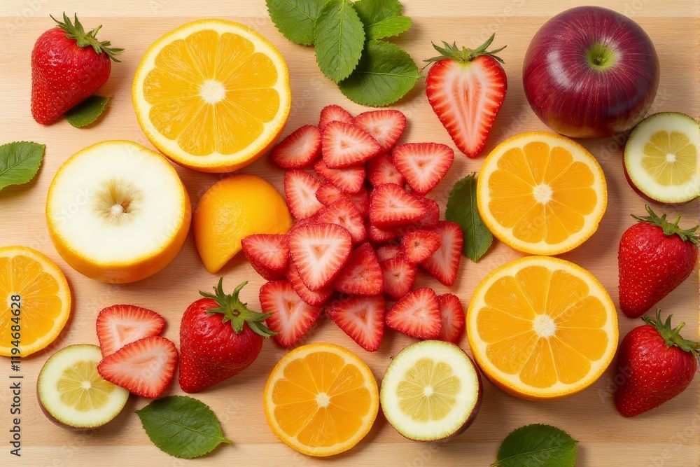 Simple flat lay of fresh fruit slices arranged on a cutting board Simple flat lay of fresh fruit slices arranged on a cutting board