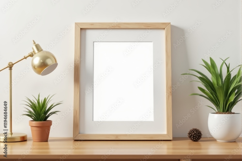 A blank picture frame leaning against a wall on a wooden desk A blank picture frame leaning against a wall on a wooden desk