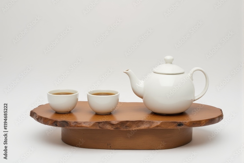 A white teapot with matching cups arranged on a rustic wooden tray A white teapot with matching cups arranged on a rustic wooden tray