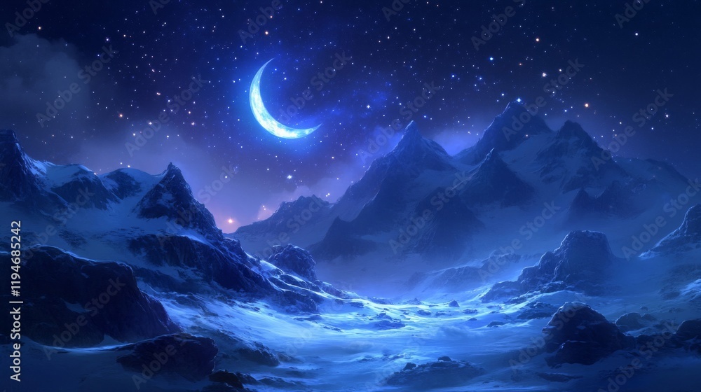 Fototapeta premium Crescent Moon Over Snowy Mountain Peaks Under Starry Night