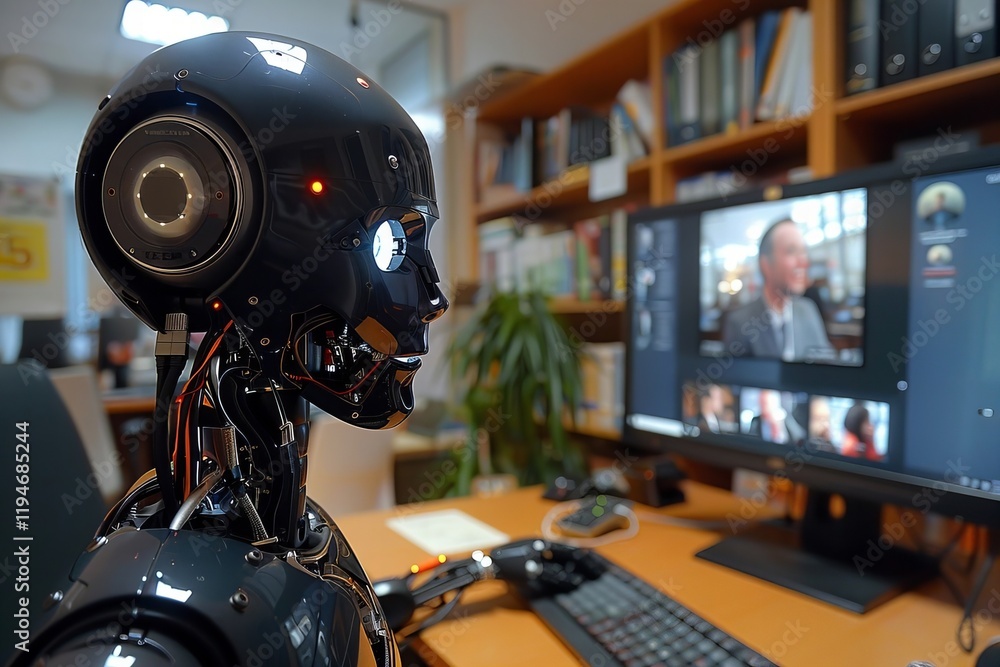 Fototapeta premium Humanoid Robot Engaged in Video Conferencing on Computer in Office with Focus on Rear View. Key Themes: AI, Artificial Intelligence, Learning, Code, Conference, Tech, Machine, Monitor, Technology.