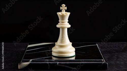 A finely crafted ivory chess piece, depicting a king, standing isolated on a sleek black marble board.