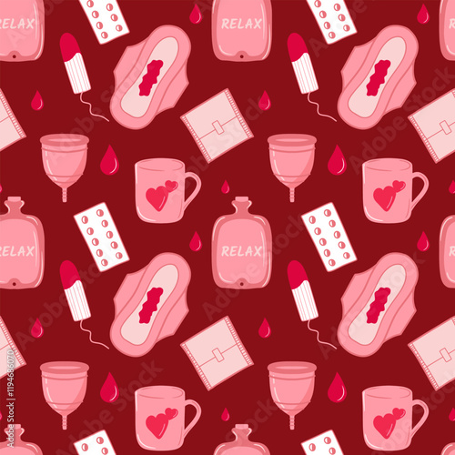 Menstrual Health and Care Seamless Pattern. Pads, Cups, Pain Relief, and Feminine Products on Red Background