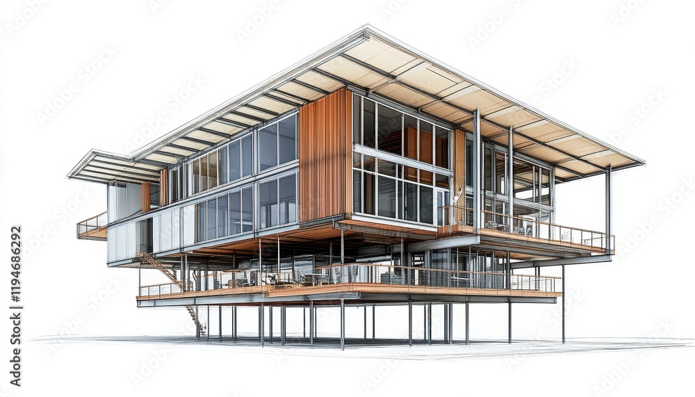 Architectural Design Sketch Modern House Elevated Structure Glass Walls Wooden Accents Innovative Home Design Architectural Design Sketch Modern House Elevated Structure Glass Walls Wooden Accents Innovative Home Design