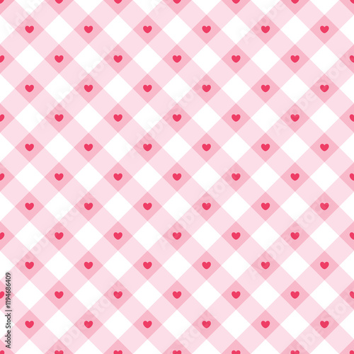 Seamless pattern with red heart on pink checkered background heart Valentine’s Day backdrop, card, banner, wallpaper, wrapping, print. Vector illustration.