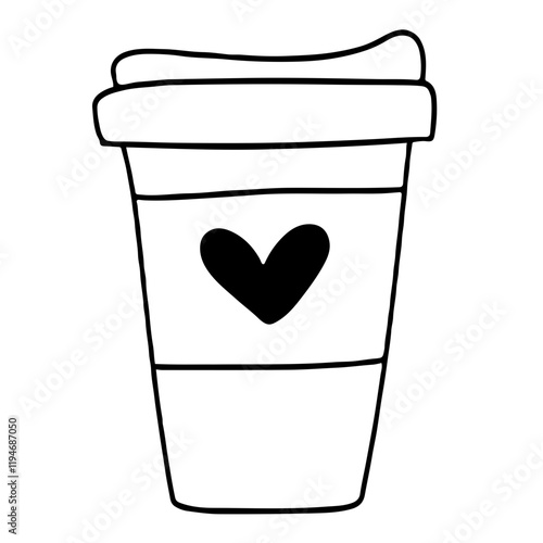 hot coffee tea paper cup with heart shape logo doodle digital sticker clipart valentines icon svg transparent line art