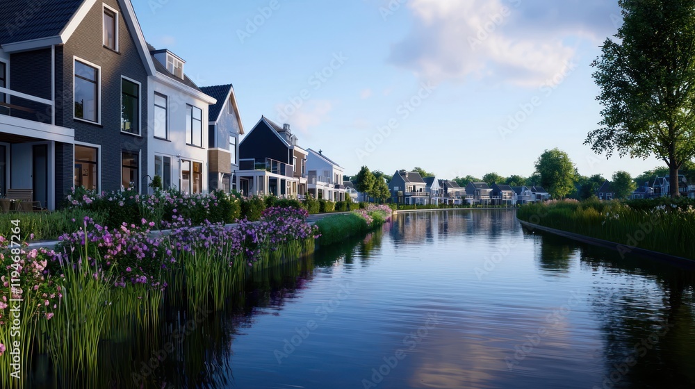 Obraz premium Scenic waterfront view with houses and blooming flowers.