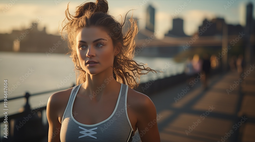 Active woman jogging along the waterfront during sunset, embodying fitness and vitality in a vibrant urban setting.