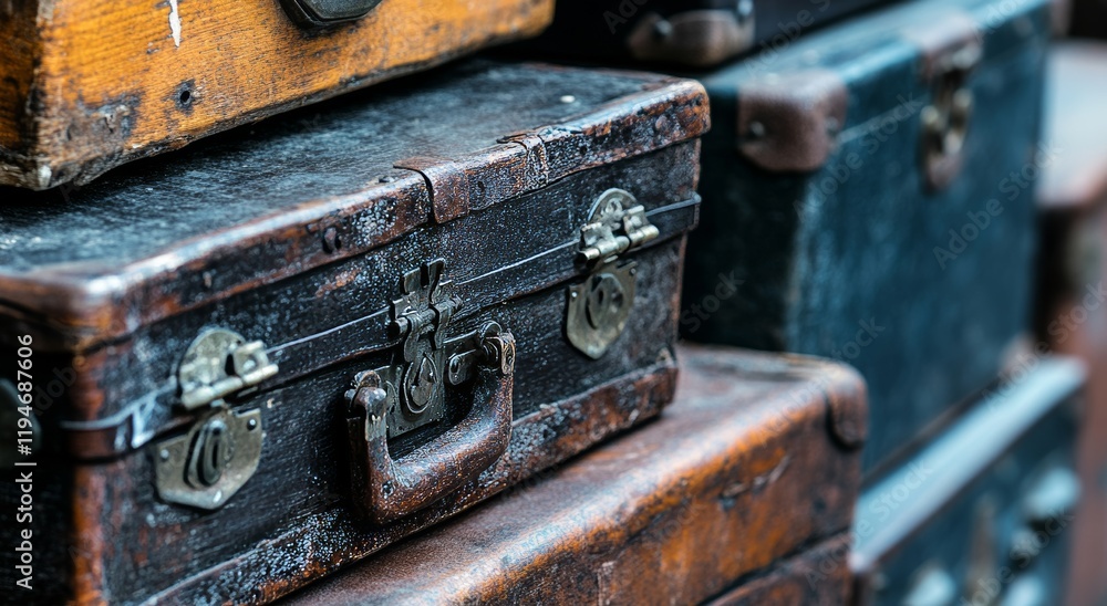 Old Wooden and Leather Trunks with Metal Buckles Old Wooden and Leather Trunks with Metal Buckles