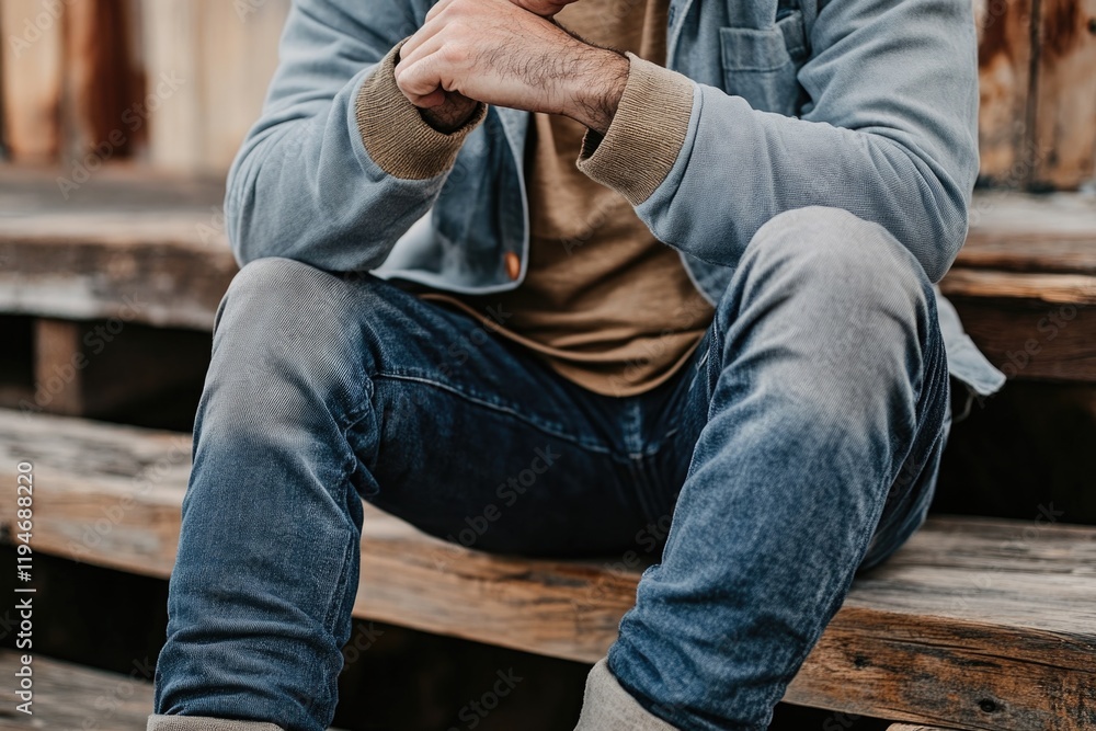 A person sitting on steps of a wooden building, possibly rural or rustic setting A person sitting on steps of a wooden building, possibly rural or rustic setting