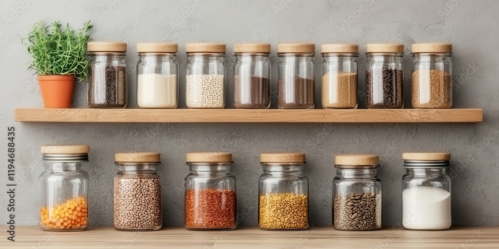 Organized jars with spices and herbs display Organized jars with spices and herbs display