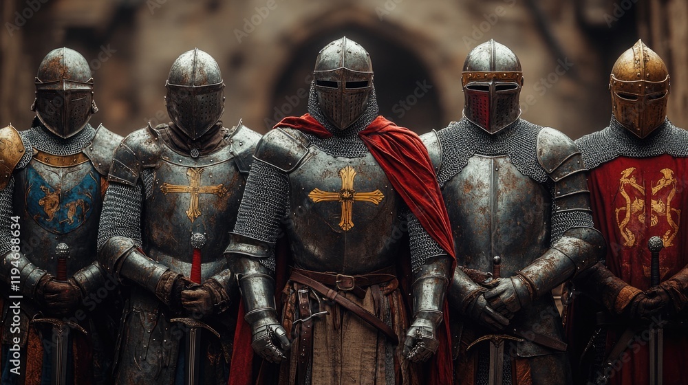 A group of armored knights stand together, united in their quest or loyalty A group of armored knights stand together, united in their quest or loyalty