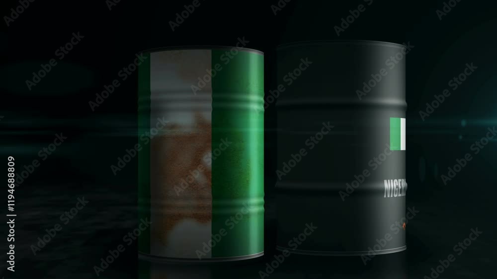 Nigeria oil business and fuel extraction barrels concept. Nigerian petrol industrial metal containers. Nigeria oil business and fuel extraction barrels concept. Nigerian petrol industrial metal containers.