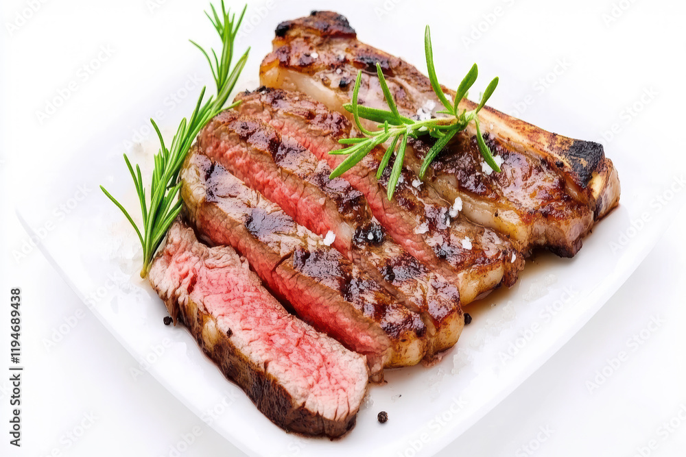 Juicy steak with perfectly seared grill marks is presented on a white plate, garnished with fresh rosemary for a flavorful touch. Ideal for meat lovers Juicy steak with perfectly seared grill marks is presented on a white plate, garnished with fresh rosemary for a flavorful touch. Ideal for meat lovers