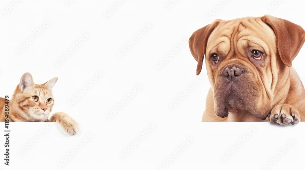 Dog and cat peeking over white banner, studio Dog and cat peeking over white banner, studio