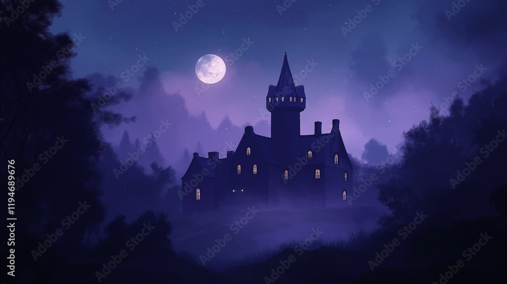 Irish castle silhouette under full moonlit sky Irish castle silhouette under full moonlit sky