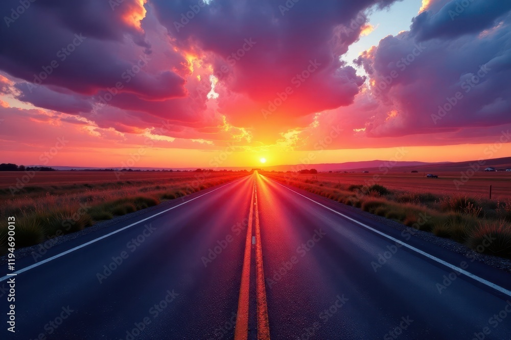 Sunrise paints vibrant hues across a rural asphalt highway , yellow, rural highway Sunrise paints vibrant hues across a rural asphalt highway , yellow, rural highway