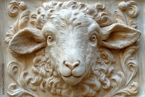 An impressively detailed carved wooden ram sculpture showcasing majestic features and curly fleece, perfect for adding a touch of rustic charm and elegance indoors. photo