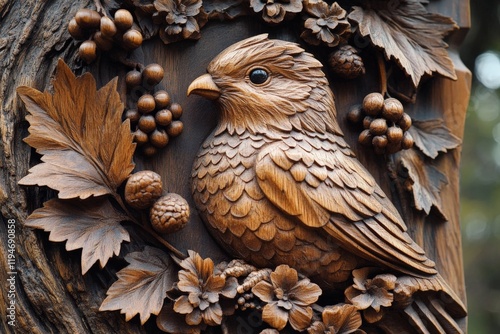 A stunning wooden sculpture of a bird surrounded by meticulously crafted leaves and berries, embodying the serenity and beauty found in nature's intricate details. photo