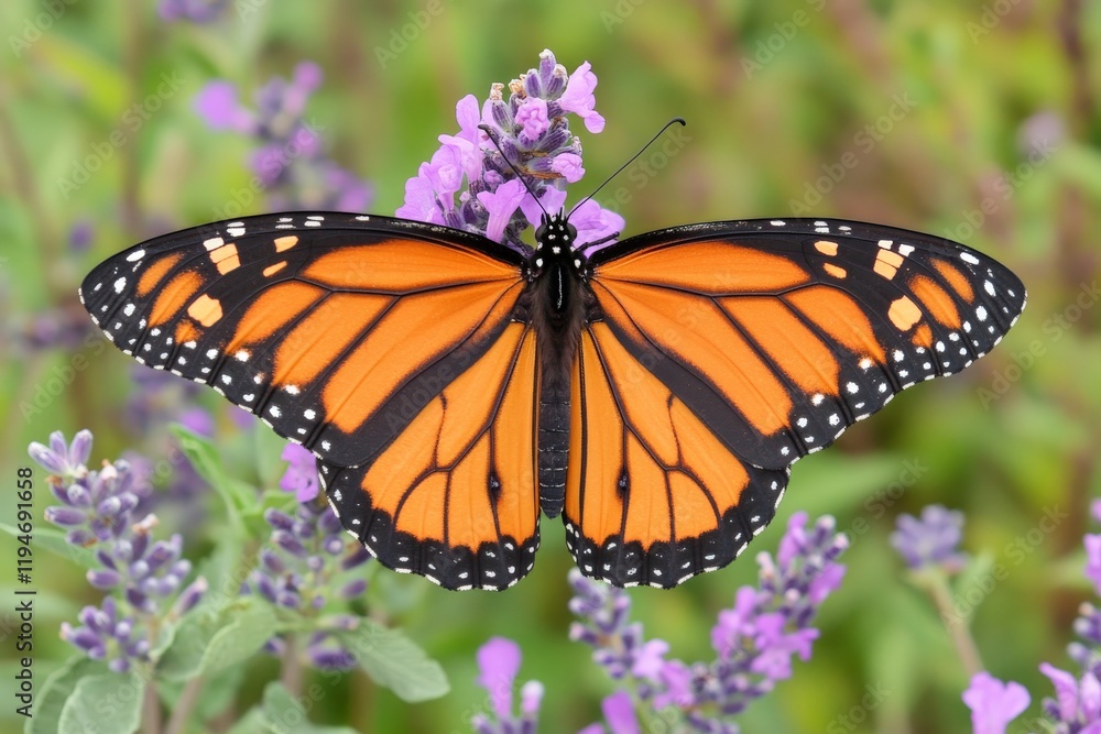 Naklejka premium A monarch butterfly with striking orange and black patterns is showcased on lavender blooms, symbolizing the delicate balance in nature's intricate design.
